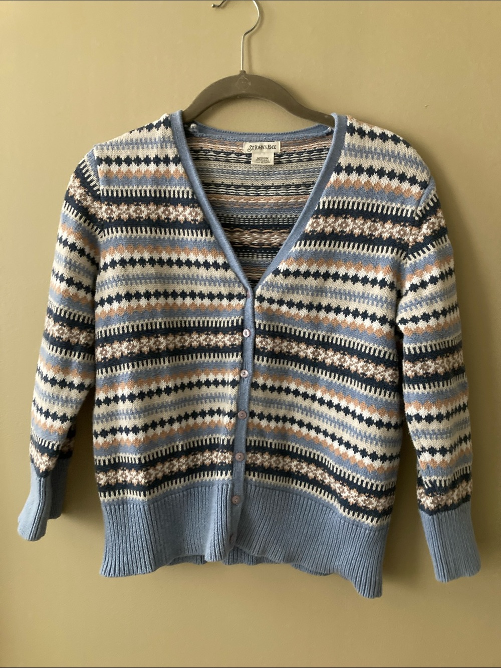 St. John's Bay Light Blue Fair Isle Button-Front Cardigan Small 100% cotton